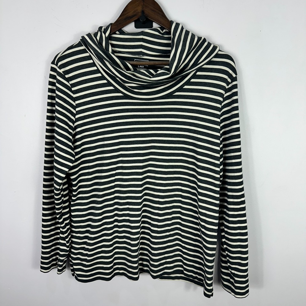 LL Bean L Petite Stripe Cowl Neck Top Gray Cream Supima Cotton Preppy Minimalist